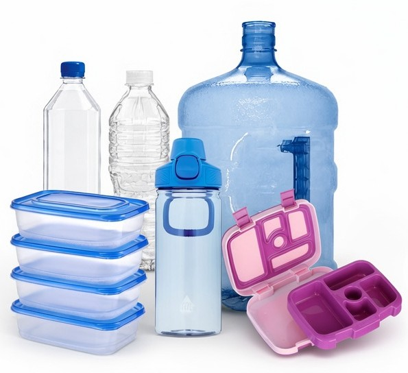 Plastic food storage containers and plastic water bottles