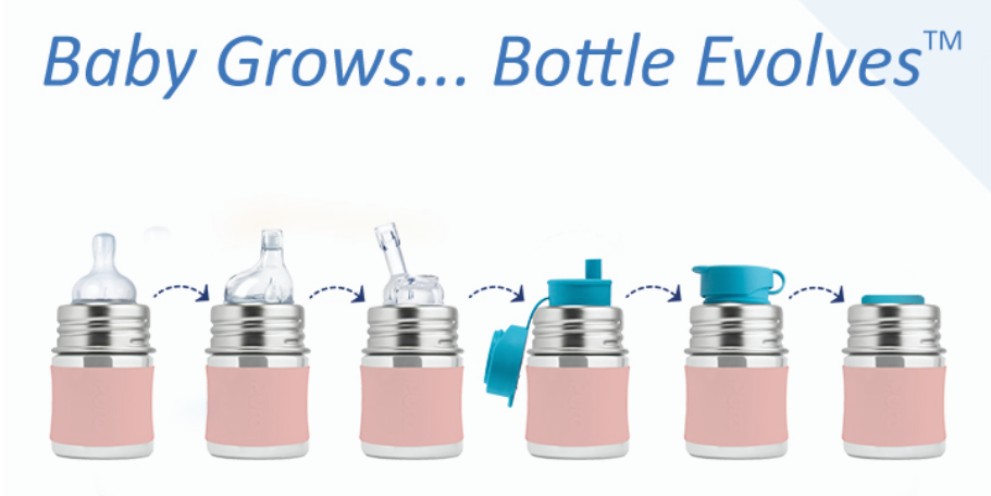 Pura Kiki bottle top stages: nipple, sippy spout, straw, and sport top