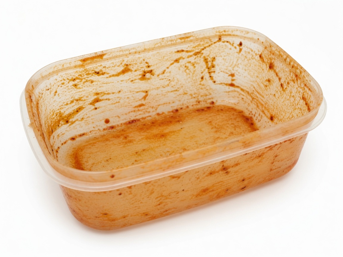 Tomato sauce stained plastic container